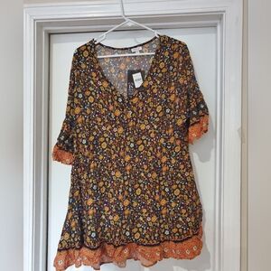 Avenue Blue Orange Ruffled 3/4 Sleeve Tunic